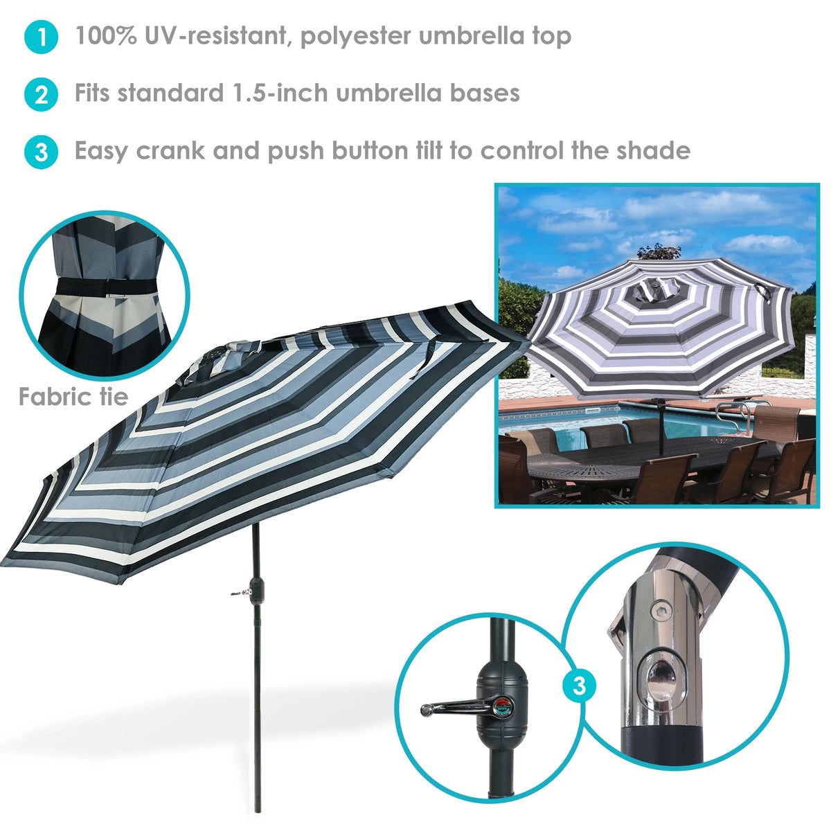 Striped 9' Patio Umbrella with Push Button Tilt & Crank F196576
