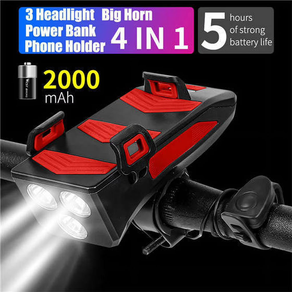Red Four in One Bike Head Light with Flashlight, Horn, PowerBank and Phone Holder N551345