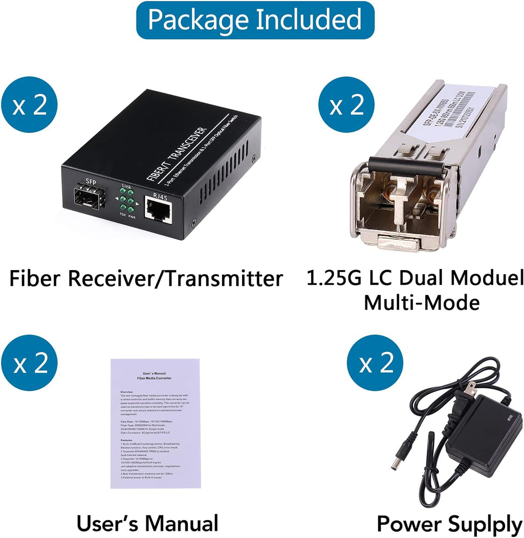 1.25G/s Bidi Gigabit Multi-Mode Fiber Ethernet Media Converter with 2PCS Bidi SFP LC Dual Transceiver Module, 10/100/1000Base-Tx to 1000Base-SX SMF RJ45 to SFP Slot, 550M, Pack of 2 P481242