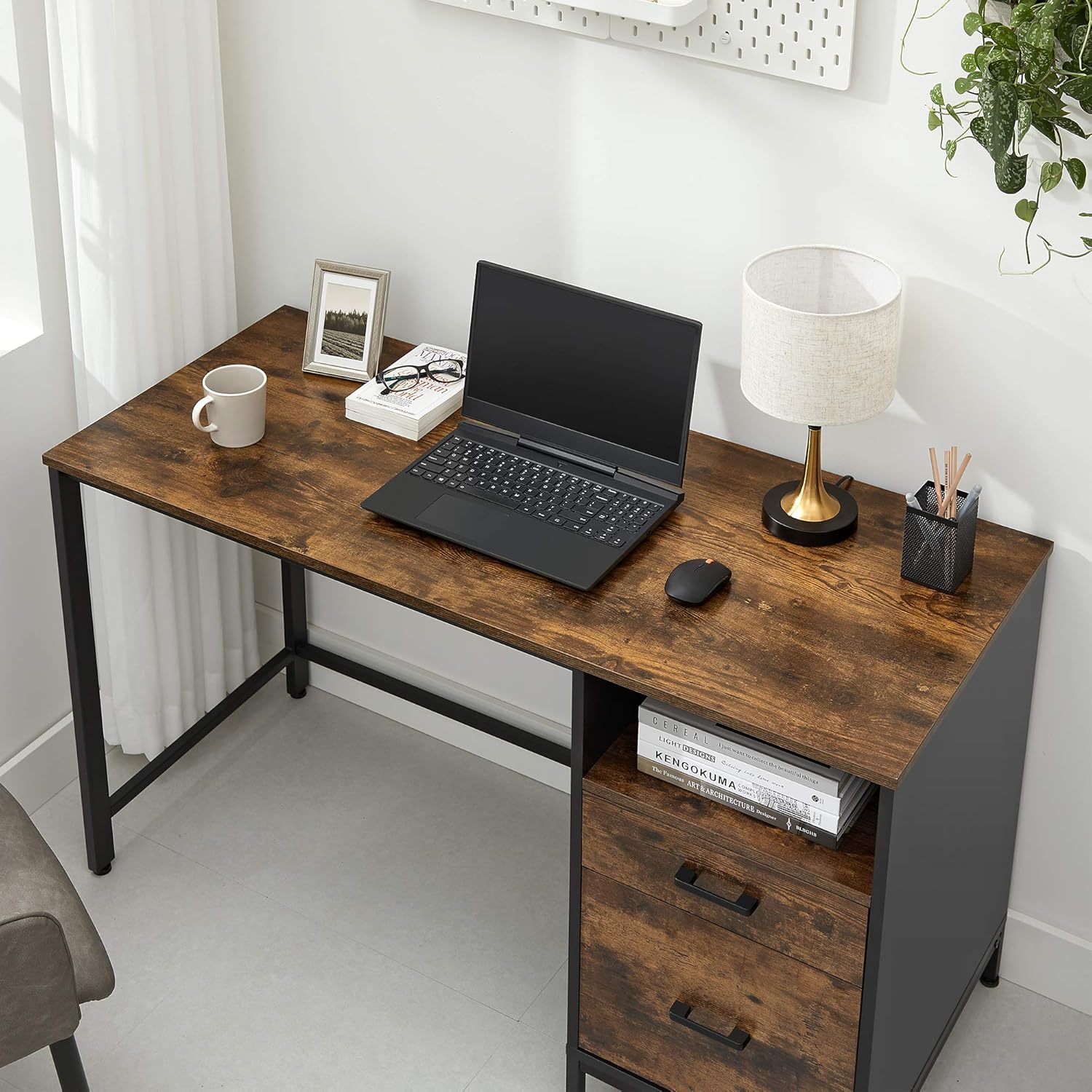 Rustic Brown and Black Computer Desk with Drawers E43713