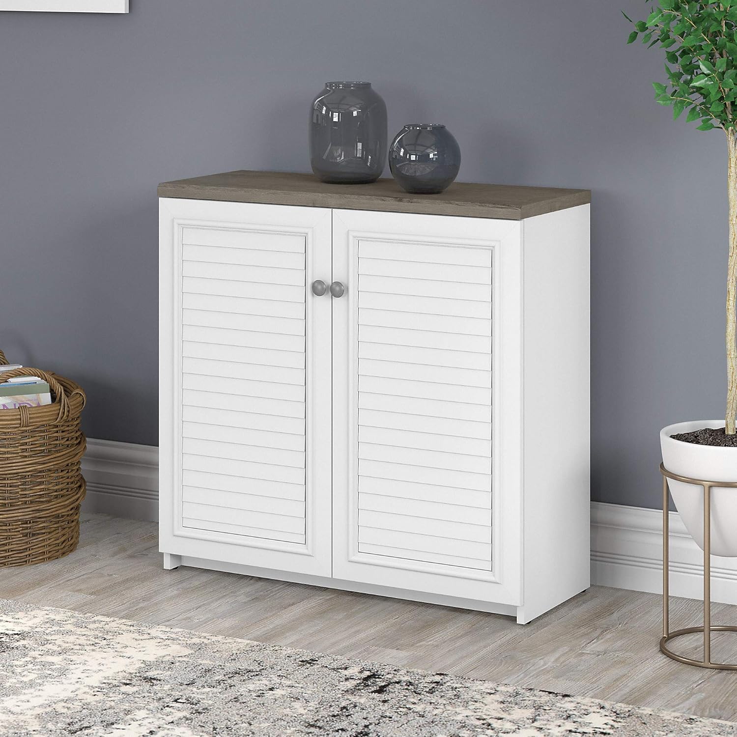 2 Door Low Storage Cabinet, Shiplap Gray/Pure White P706561