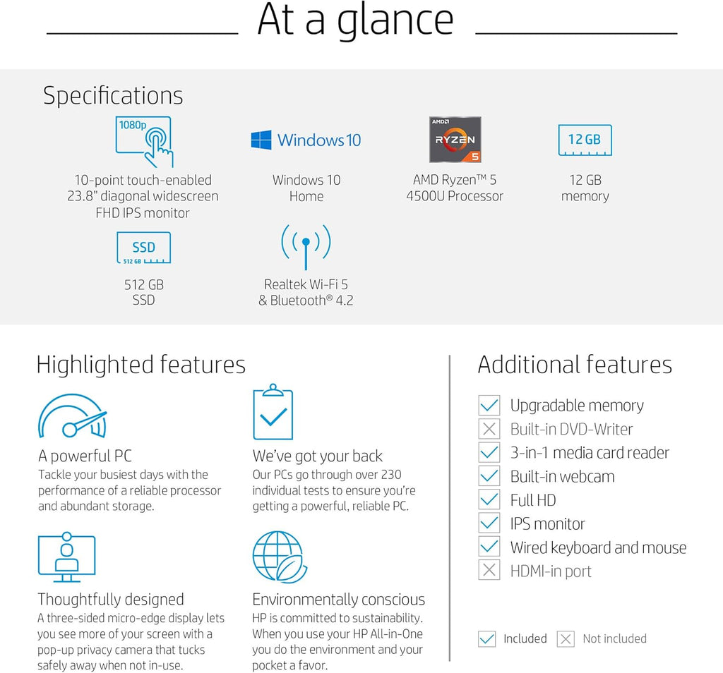 24-inch All-in-One Touchscreen Desktop Computer, AMD Ryzen 5 4500U Processor, 12 GB RAM, 512 GB SSD, Windows 10 Home, Silver X599
