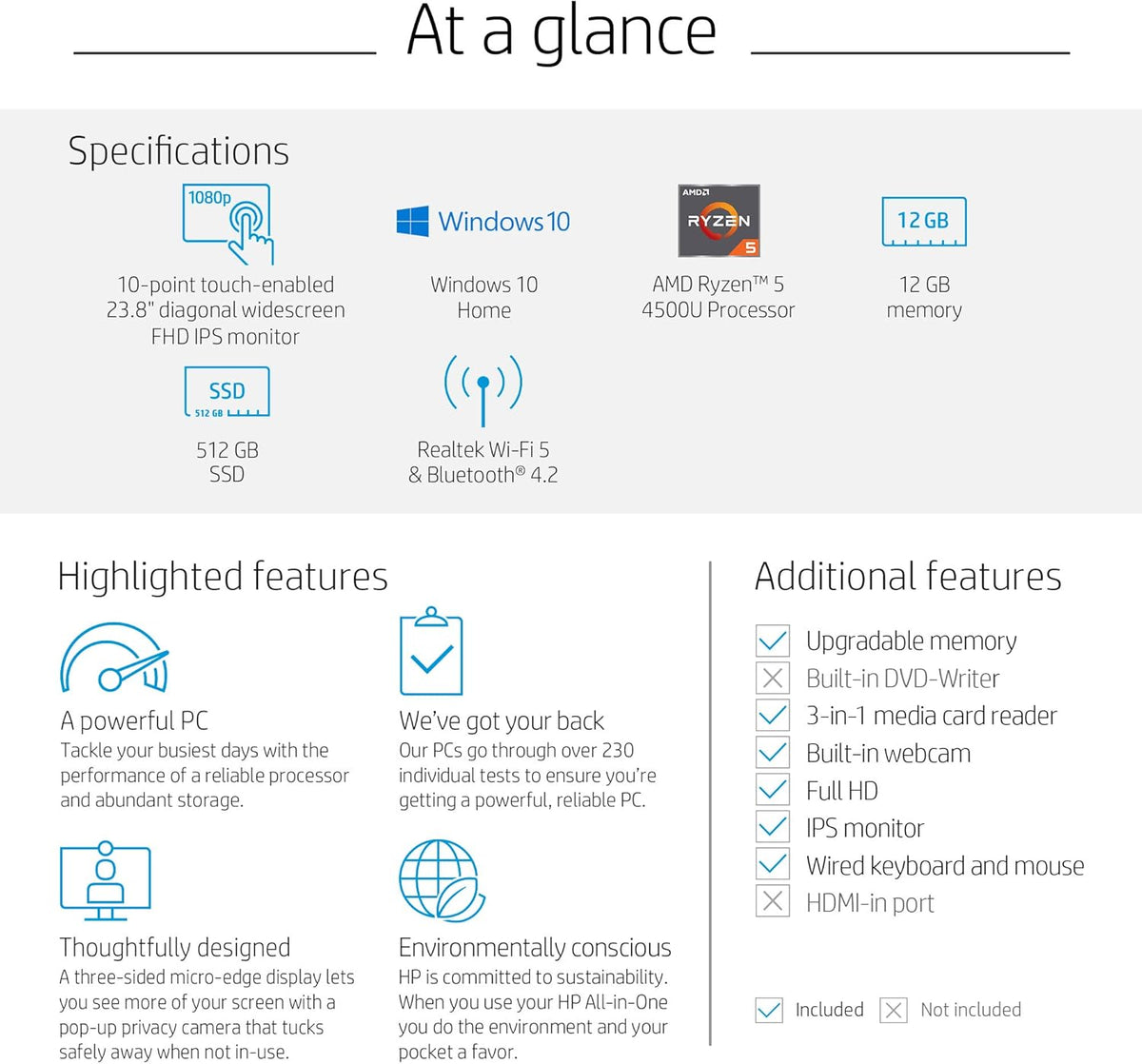 24-inch All-in-One Touchscreen Desktop Computer, AMD Ryzen 5 4500U Processor, 12 GB RAM, 512 GB SSD, Windows 10 Home, Silver X599