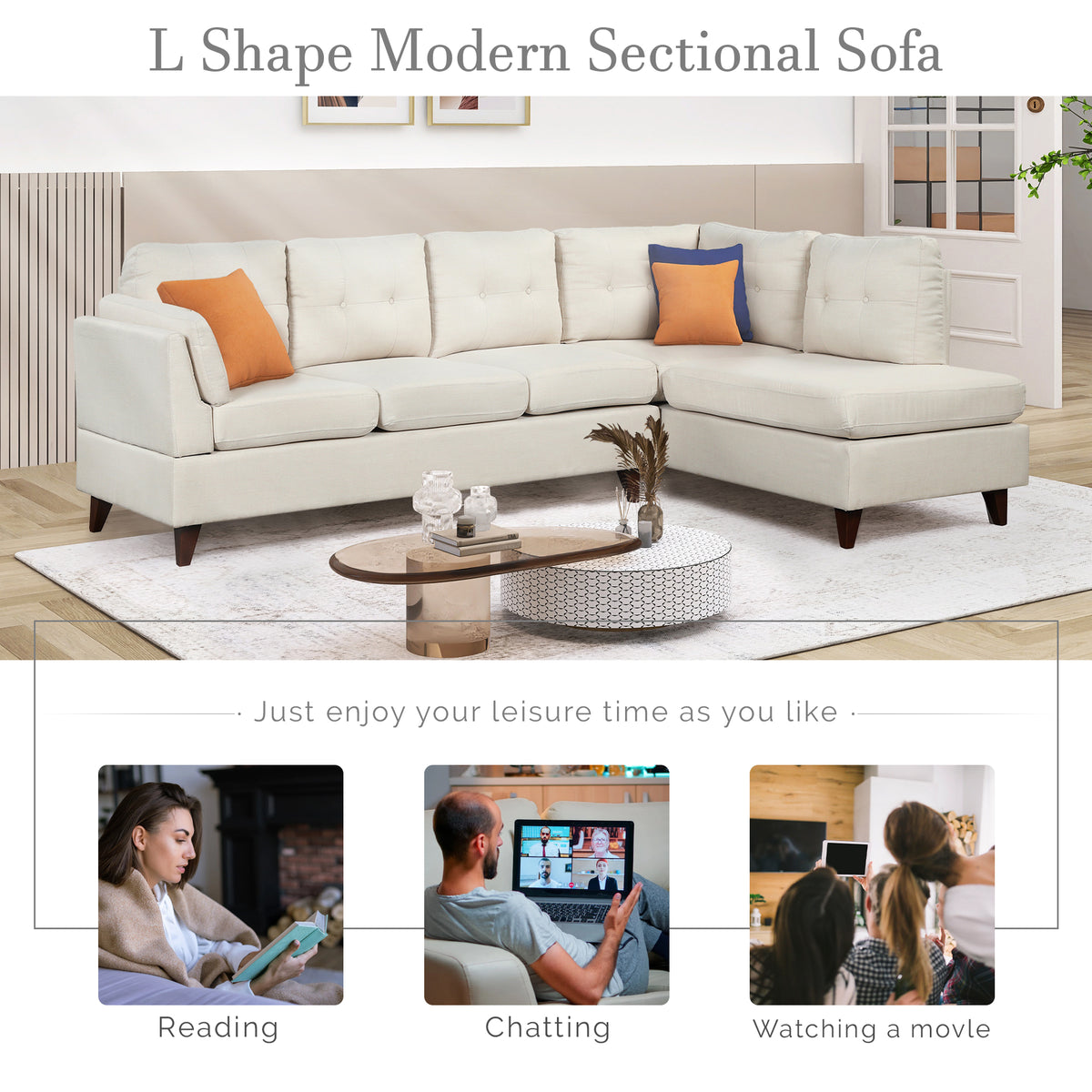 Beige Linen Fabric L-Shape Sectional Sofa with Chaise Lounge C832