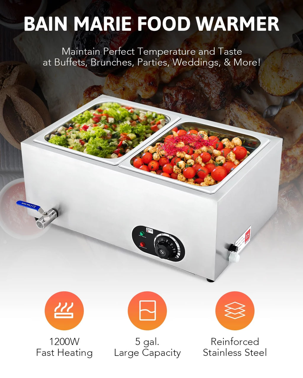 Commercial 2 Pan Bain Marie Food Warmer 1200W 20 Quart Electric Buffet Warmer P338533