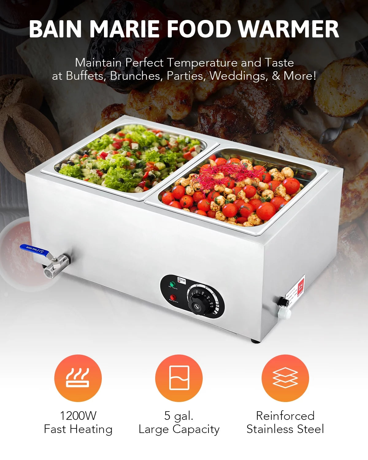 Commercial 2 Pan Bain Marie Food Warmer 1200W 20 Quart Electric Buffet Warmer P338533