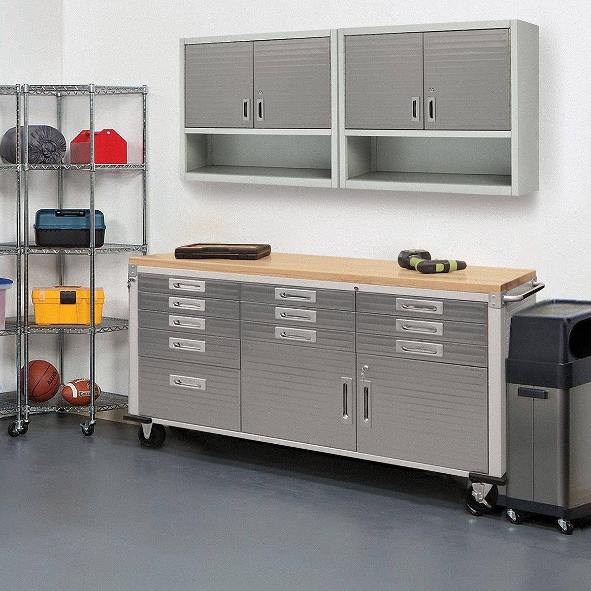 72 W x 20 D x 37.5 H Granite Grey Rolling Cabinet Workbench B960