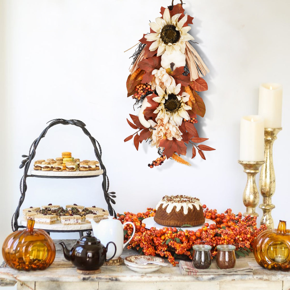 20 Inch Artificial Hanging Vine with Pumpkin Pine Cone Silk Flowers Fall Decor Q3928