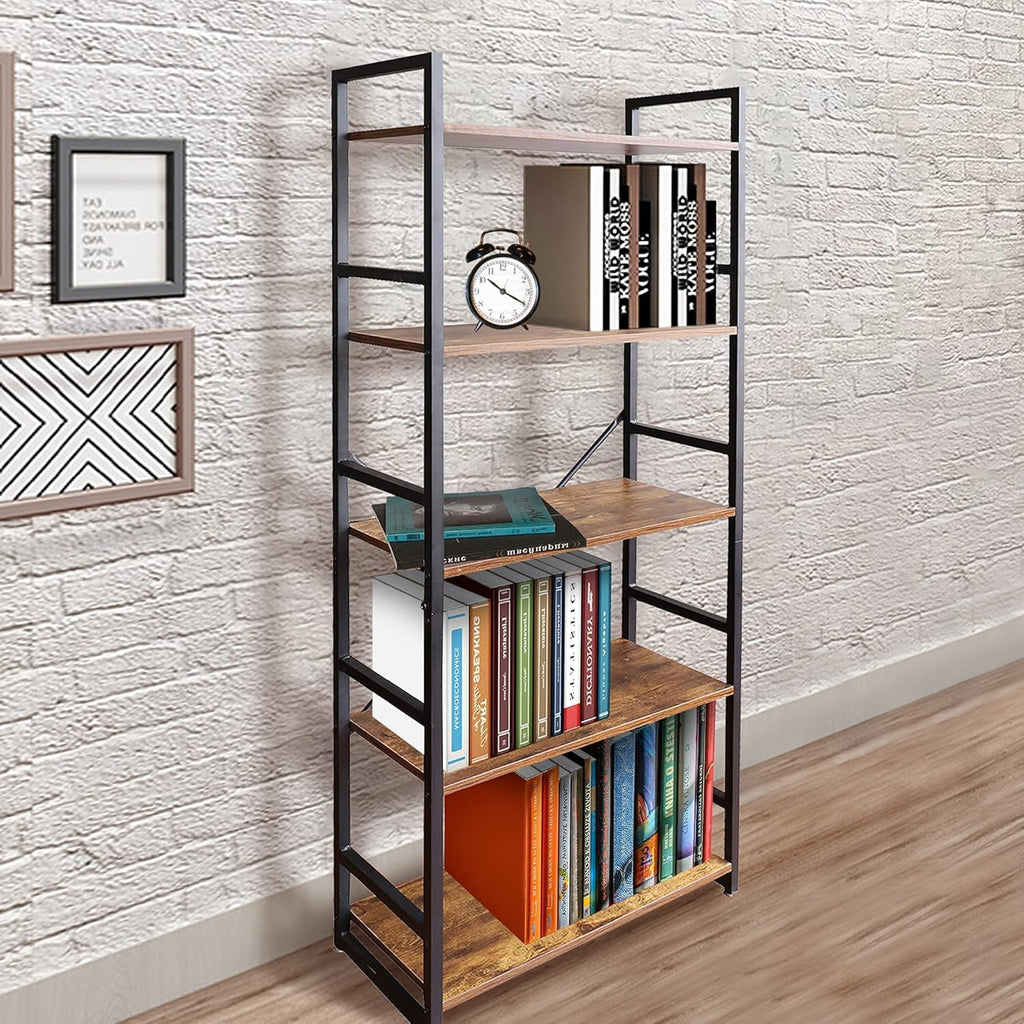 5 Tier Industrial Bookshelf, Wood and Metal, 24 x 12 x 62 J557