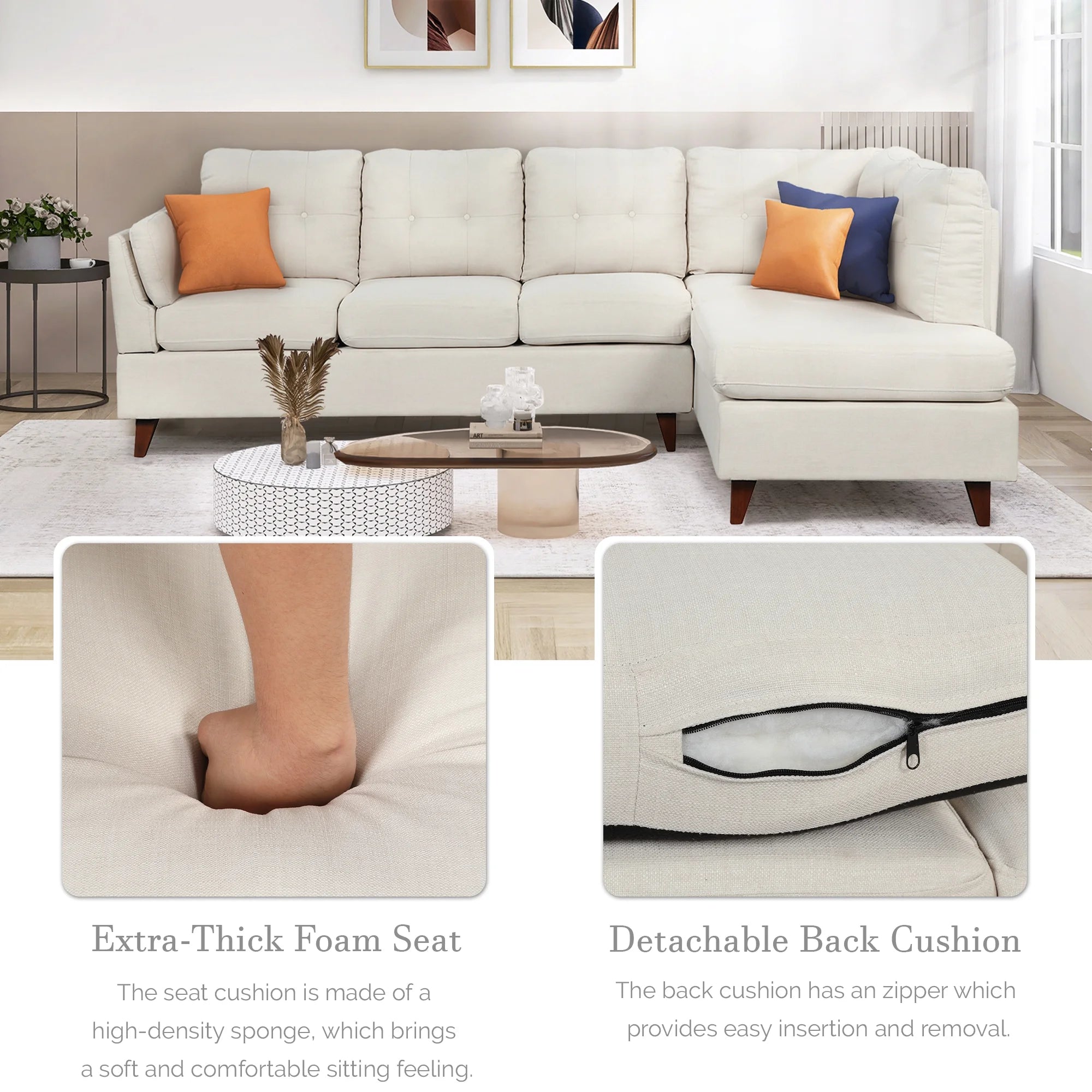 Beige Linen Fabric L-Shape Sectional Sofa with Chaise Lounge C832