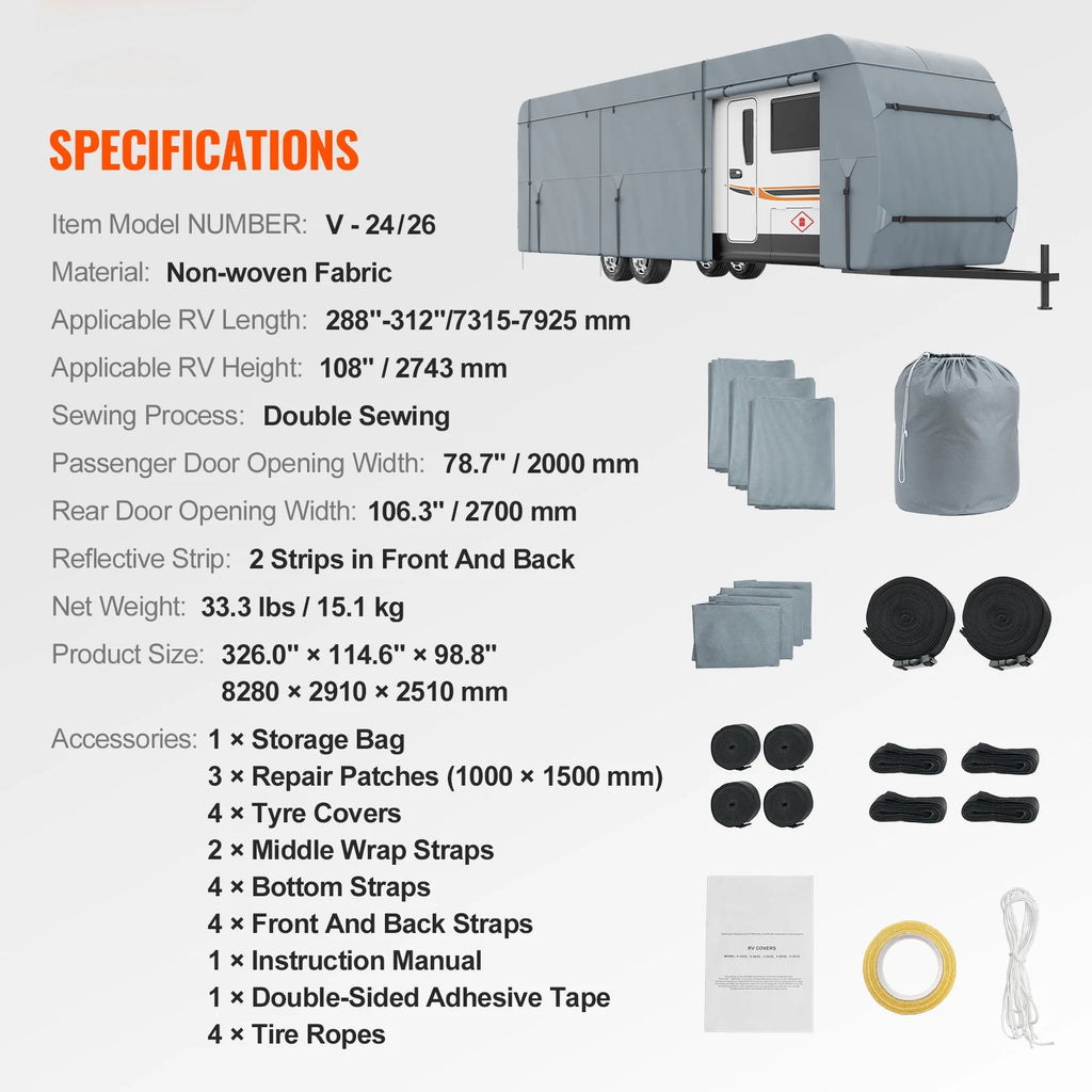 28-30' 4-Layer Non-Woven Fabric RV Cover with Storage Bag and Patches E17891