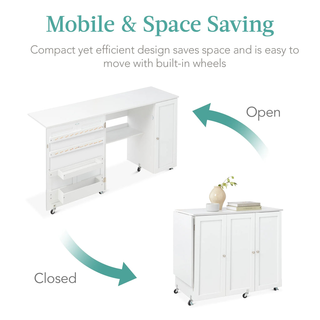 White Folding Sewing Table with Magnetic Doors Q305