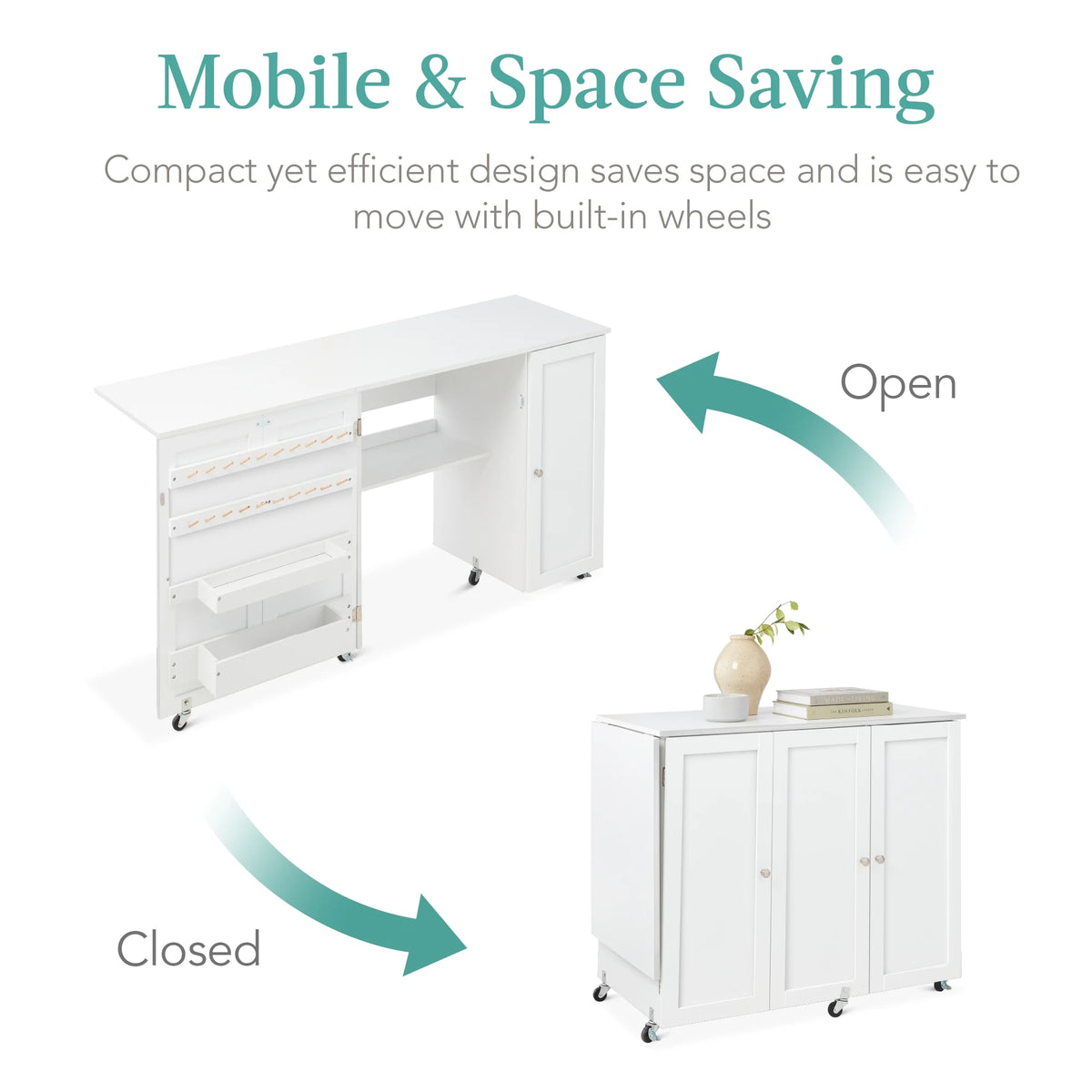 White Folding Sewing Table with Magnetic Doors Q305