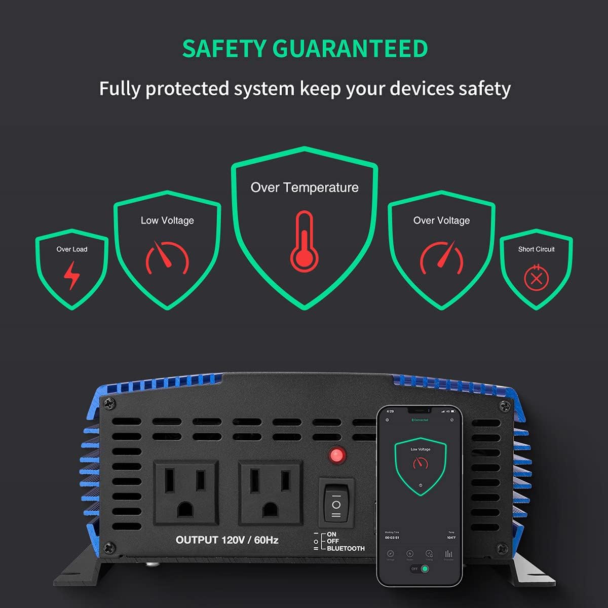 1500W Pure Sine Wave Power Inverter 12V DC to 110V AC Car Inverter with Bluetooth 2AC Outlets USB Port G1625