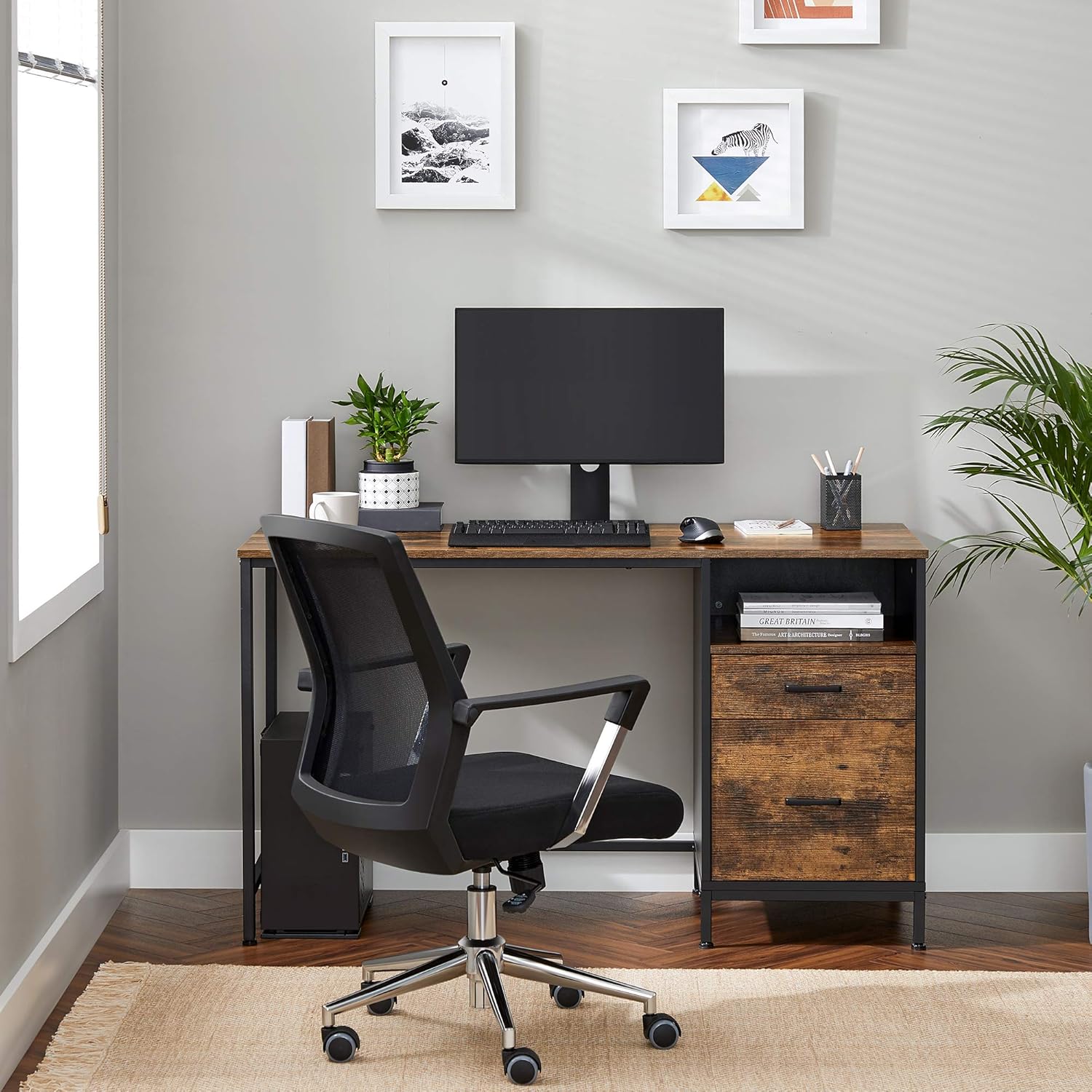 Rustic Brown and Black Computer Desk with Drawers E43713