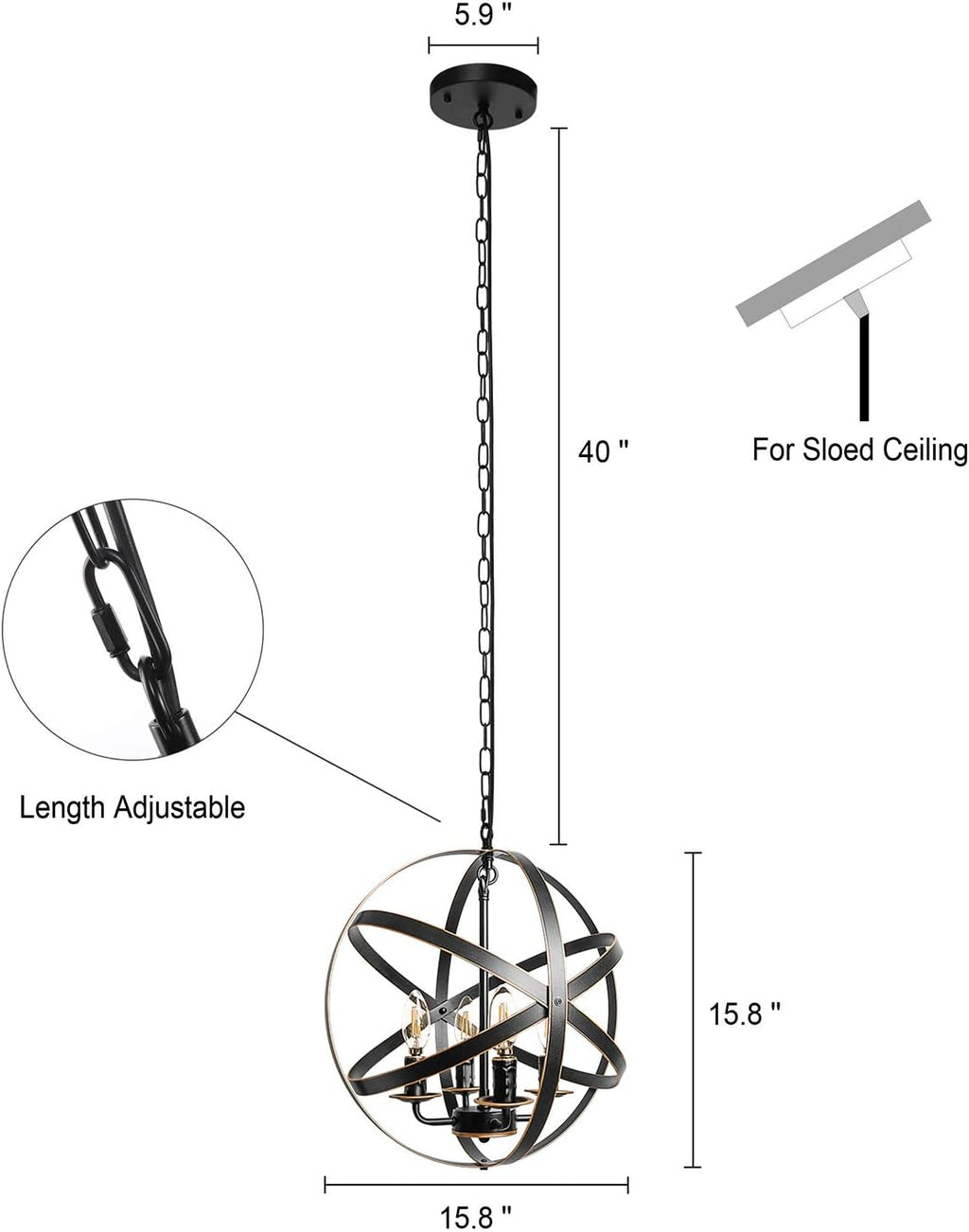 Black 6-Light Farmhouse Chandelier with Spherical Shade K667