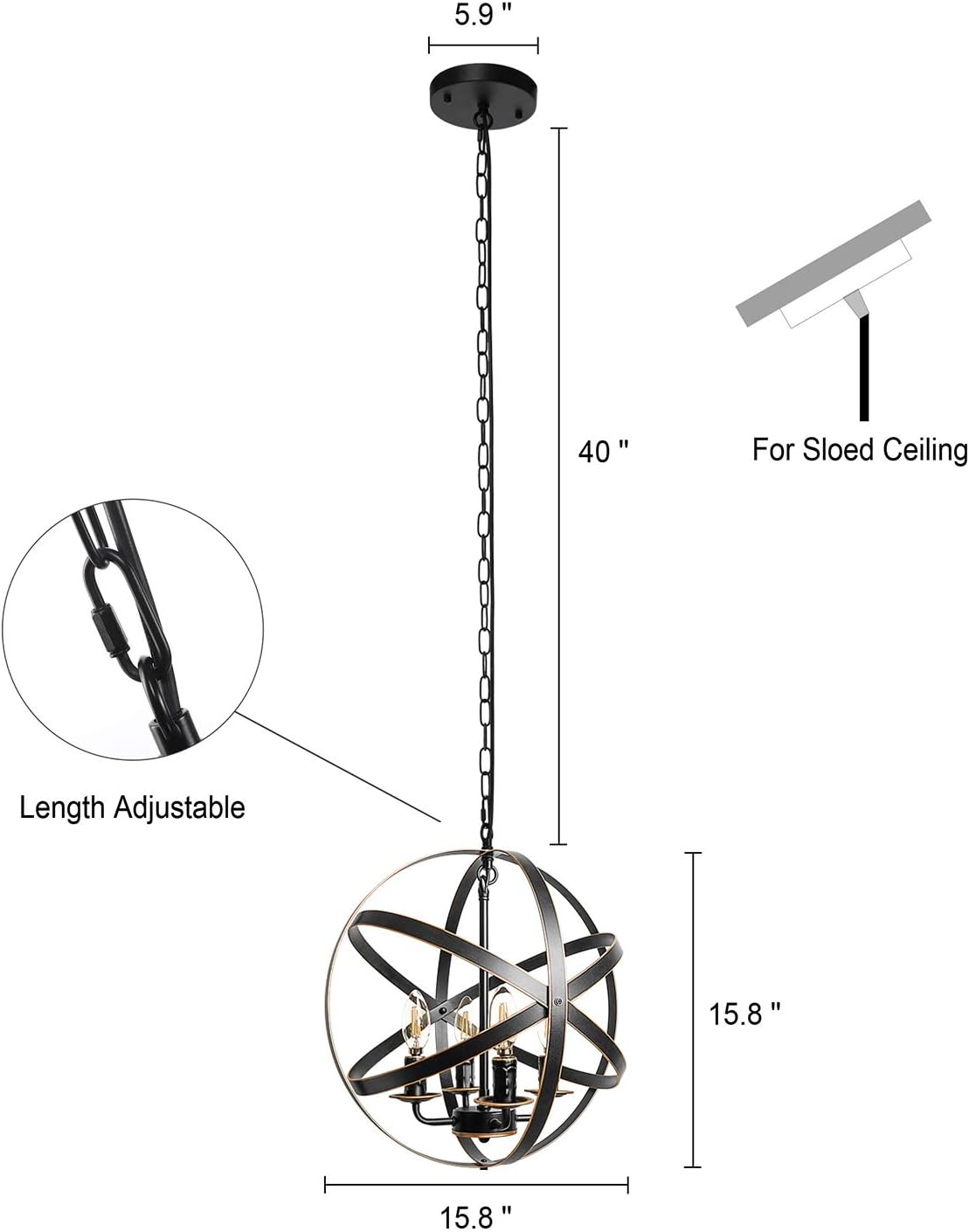 Black 6-Light Farmhouse Chandelier with Spherical Shade K667