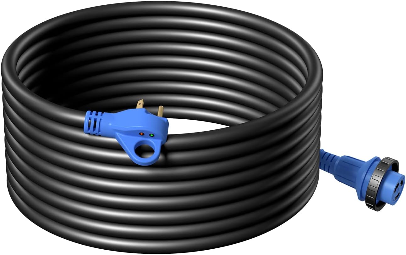 30 Amp 25 Feet RV Extension Cord with Polarity LED Light, Grip Handle, Twist Locking, STW 10AWG 3 Wire, NEMA TT-30P to L5-30R, Pack of 2 V424