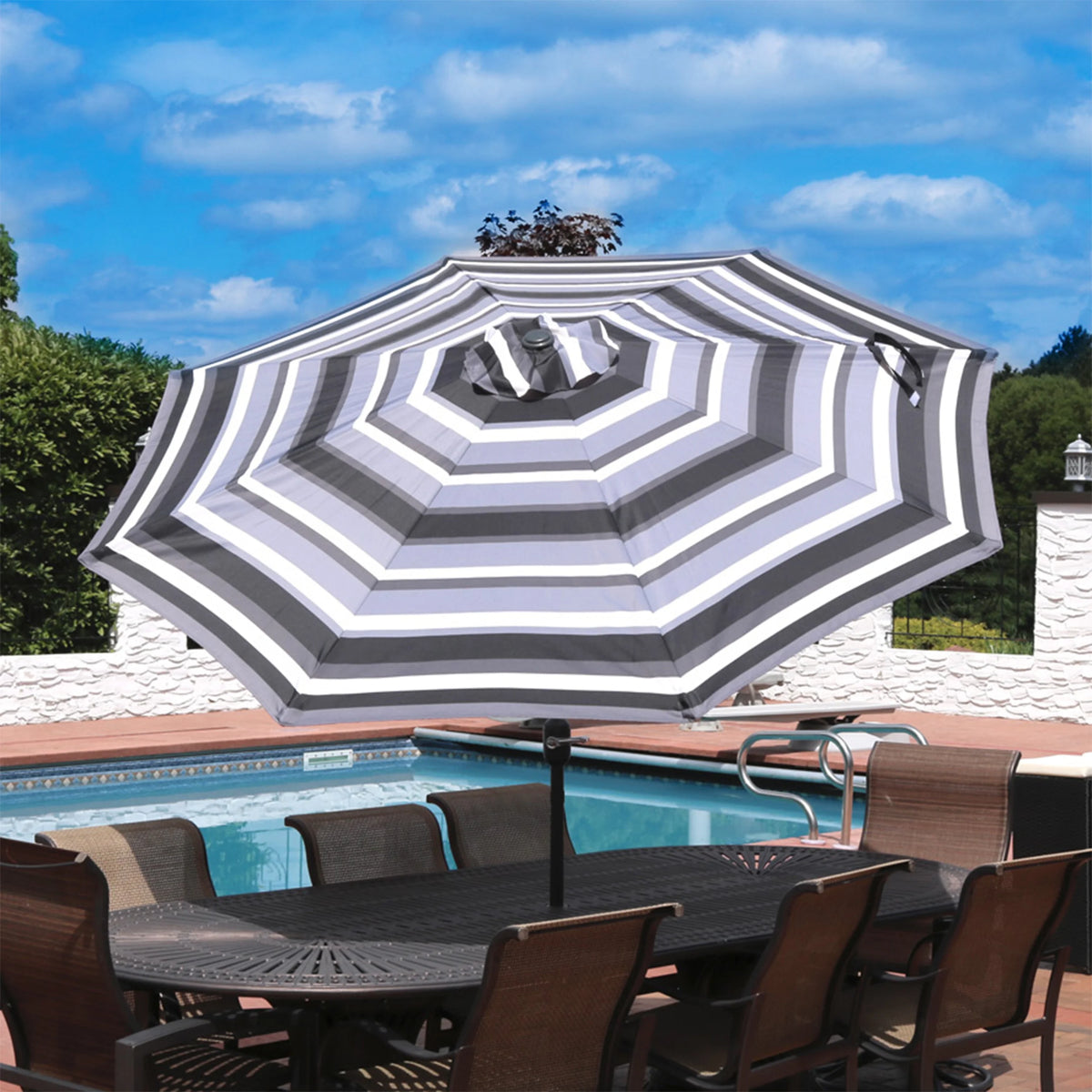 Striped 9' Patio Umbrella with Push Button Tilt & Crank F196576