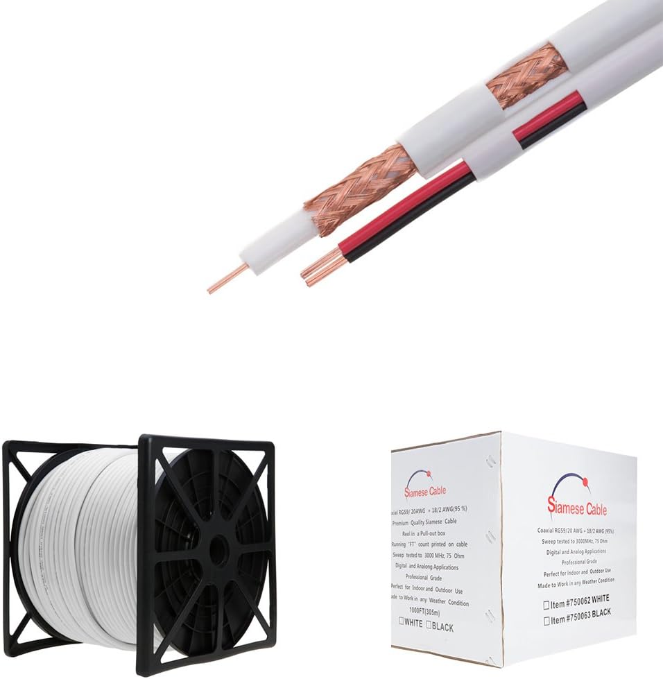 1000FT White RG59/U Siamese Cable, 20AWG + 18/2 AWG Power, 95% Shielding U325561