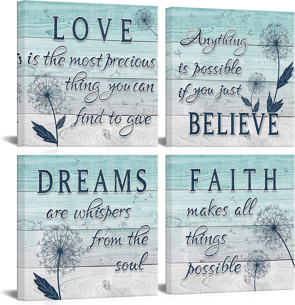 4 Panel Teal Blue Dandelion Canvas Wall Art B4733
