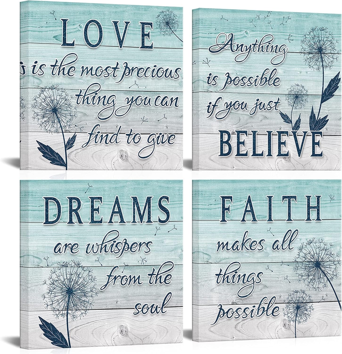 4 Panel Teal Blue Dandelion Canvas Wall Art B4733