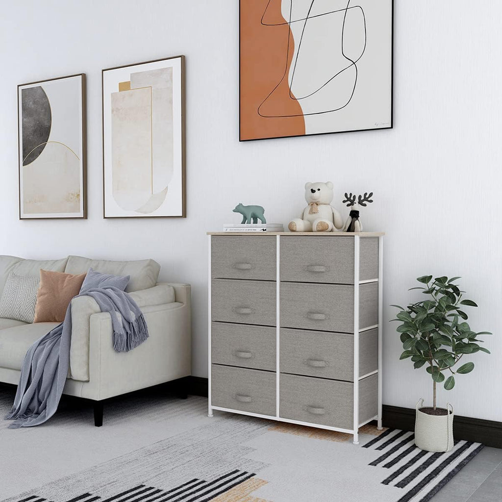 Light grey 8 Drawer Fabric Dresser with Steel Frame and Wooden Top D4183