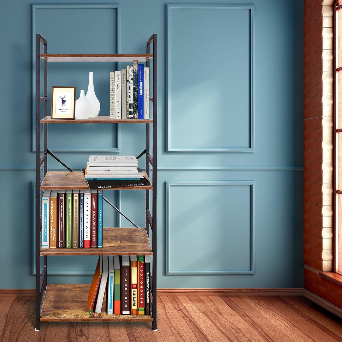 5 Tier Industrial Bookshelf, Wood and Metal, 24 x 12 x 62 J557
