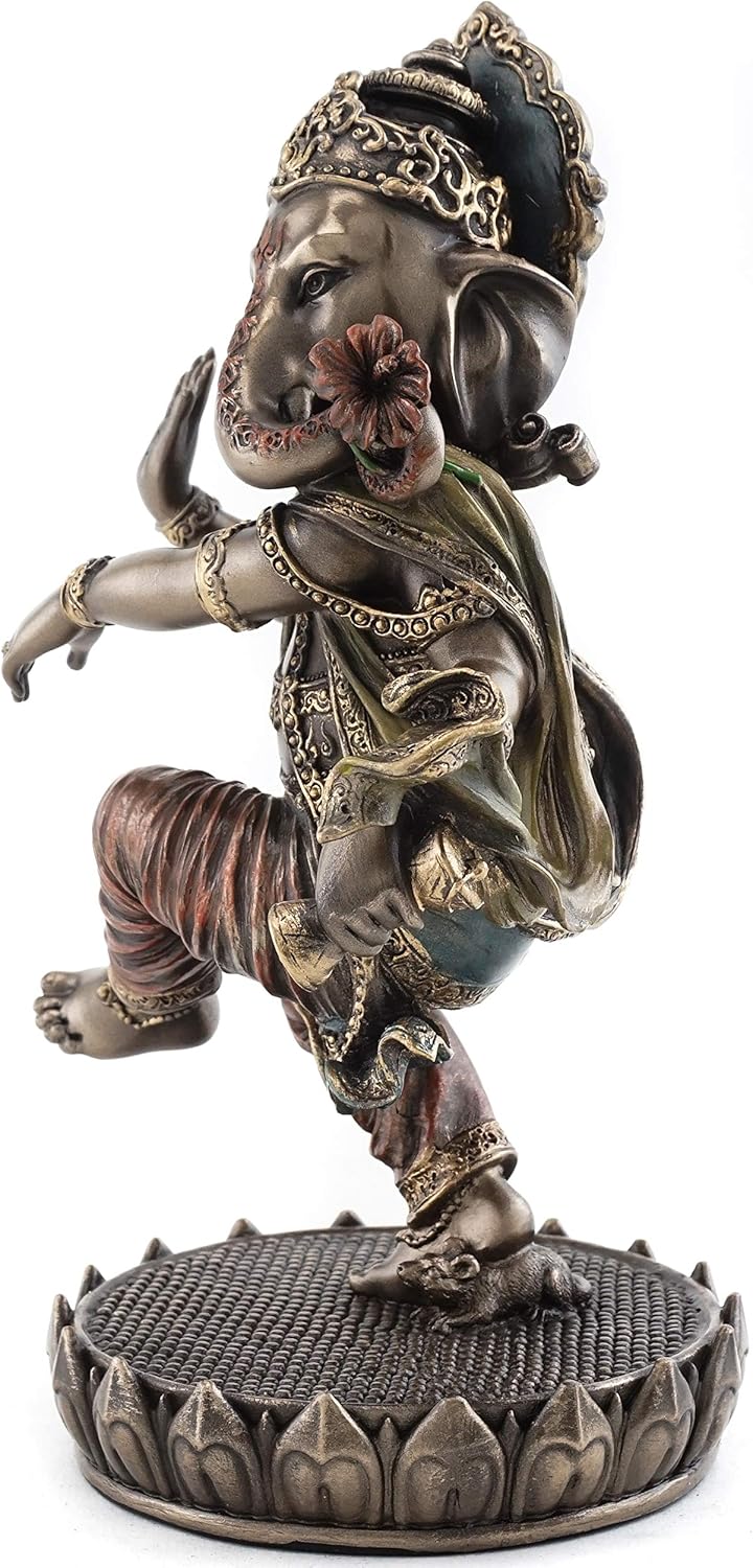 Dancing Ganesh on Lotus Pedestal Statue, Cold Cast Bronze, 8-Inch Elephant Figurine O399020