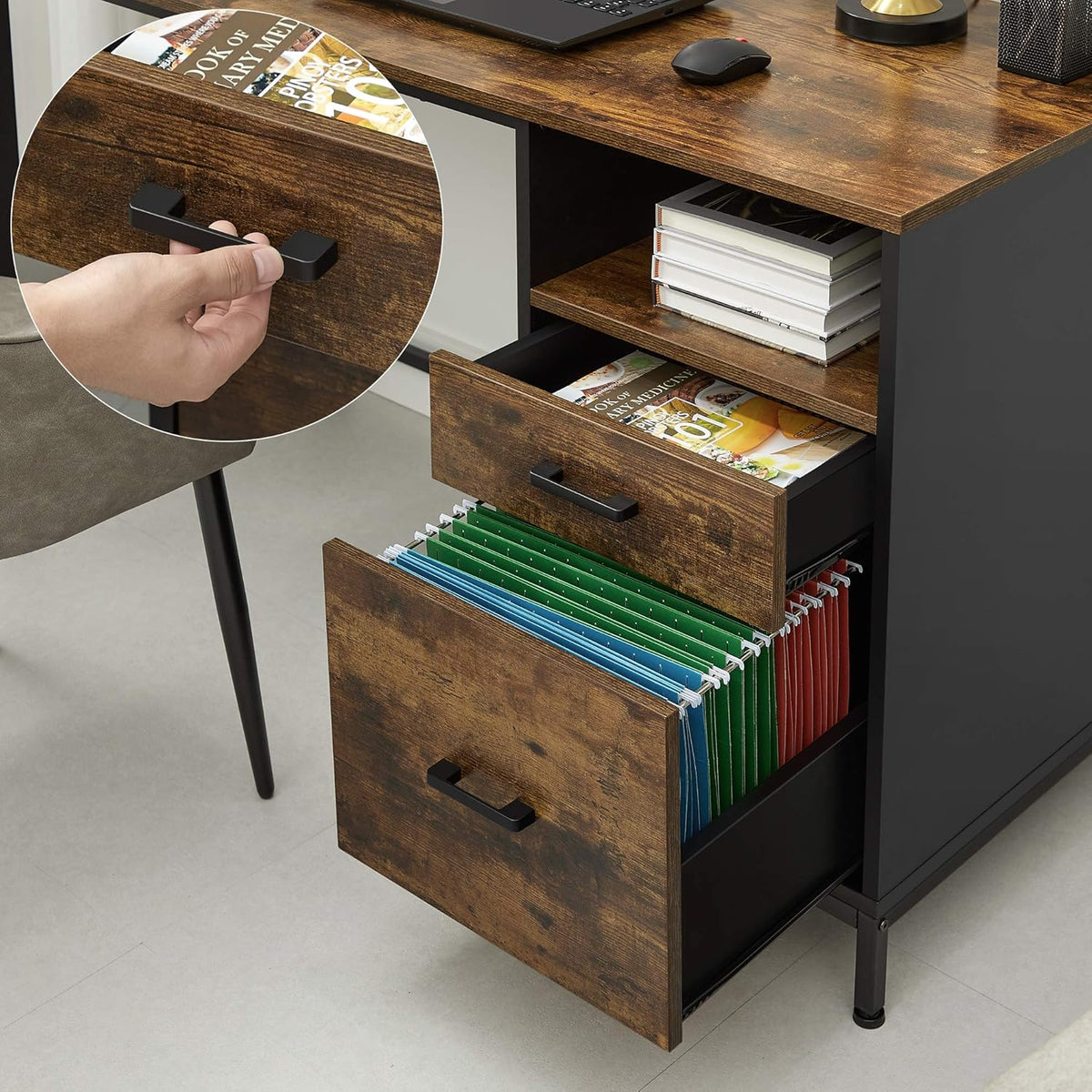 Rustic Brown and Black Computer Desk with Drawers E43713