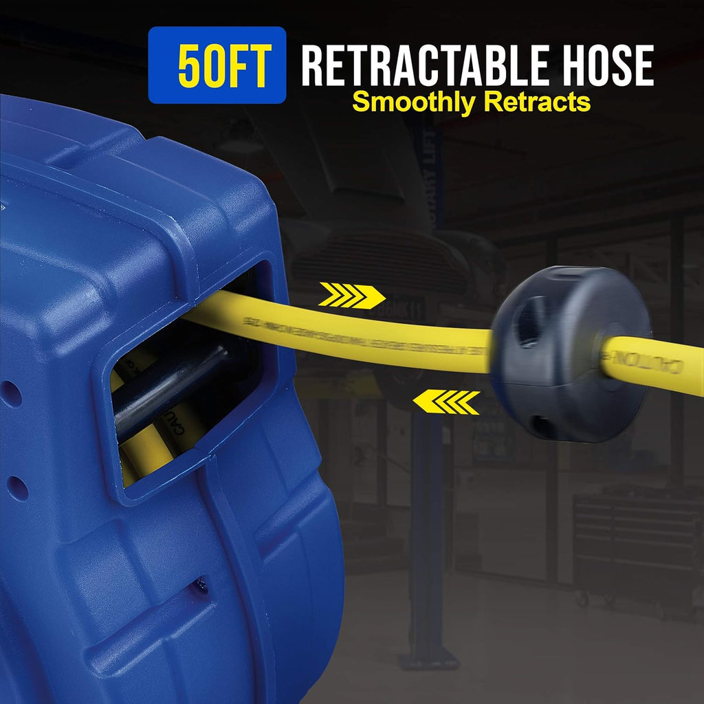 Retractable Air Hose Reel 3/8 Inch x 50 Foot Hybrid Polymer 300PSI R815