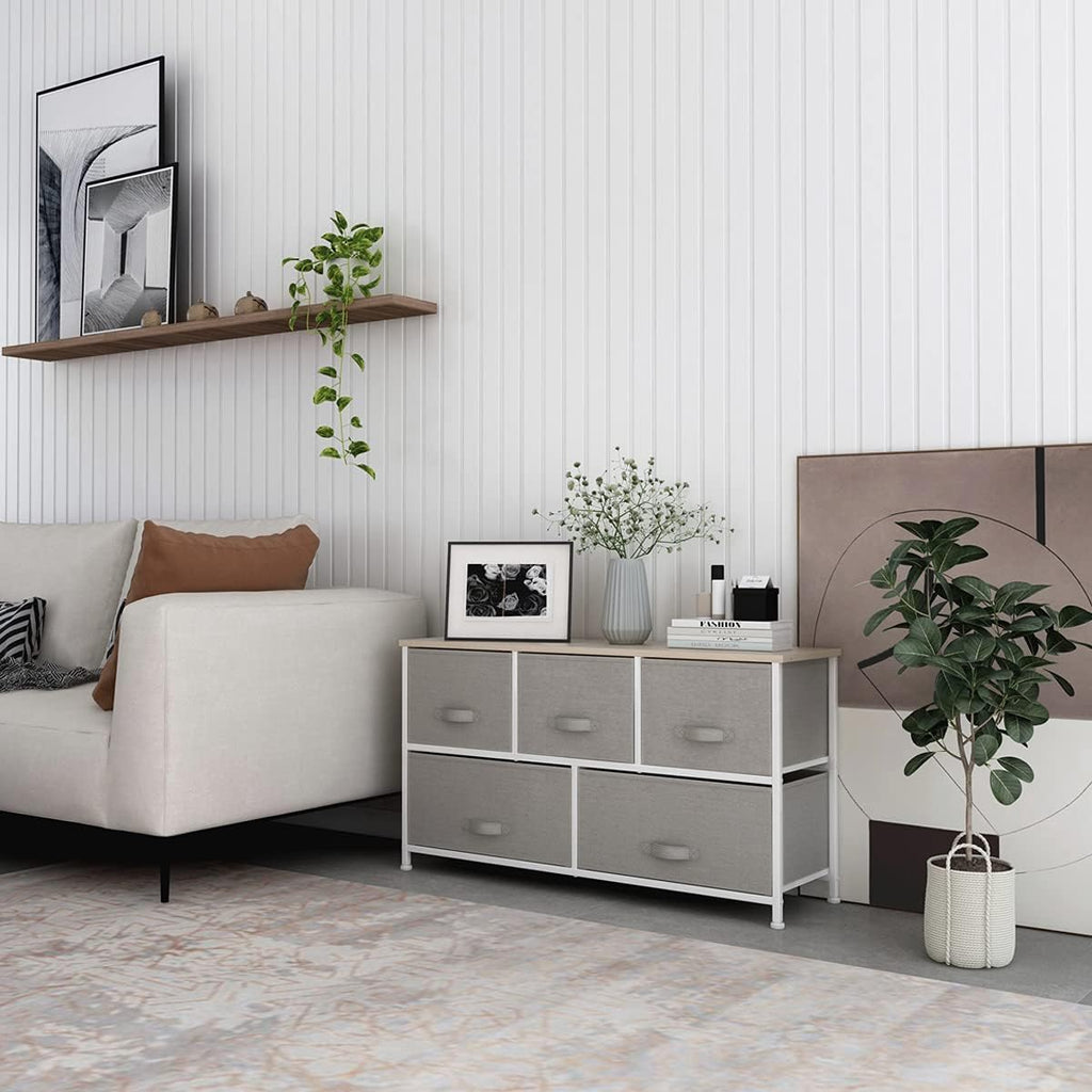 Light grey 8 Drawer Fabric Dresser with Steel Frame and Wooden Top D4183