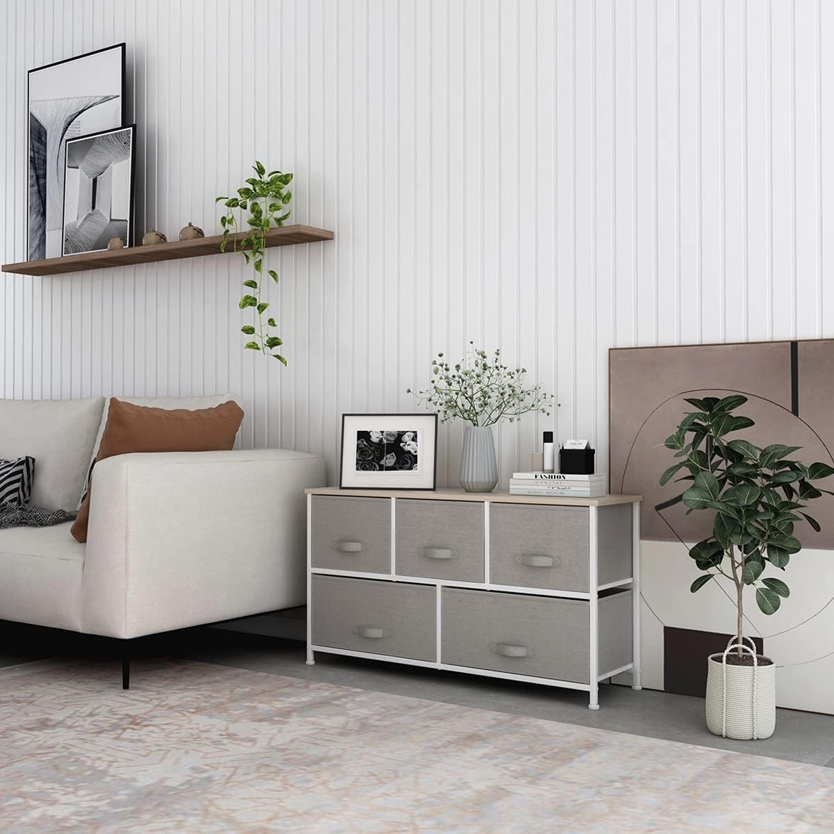 Light grey 8 Drawer Fabric Dresser with Steel Frame and Wooden Top D4183
