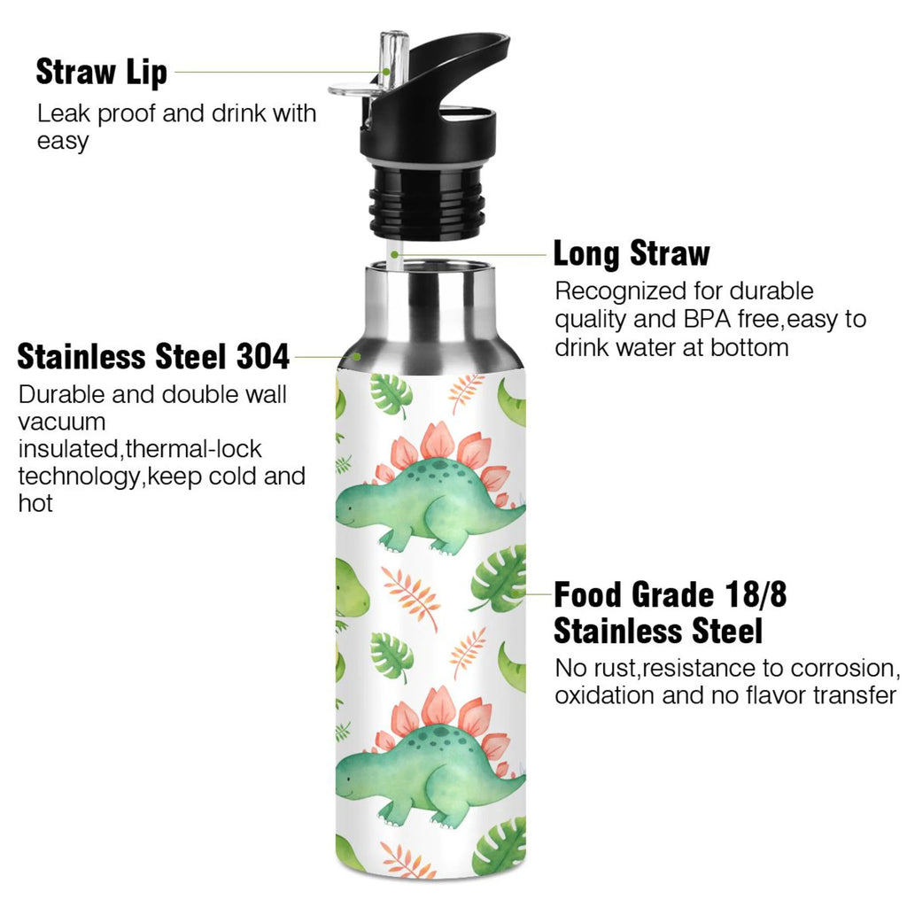 Green Dinosaur Stainless Steel Insulated Water Bottle with Straw Lid L805981