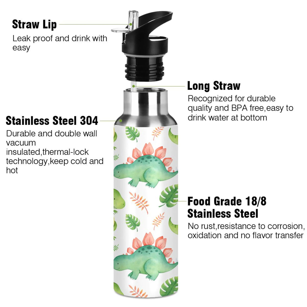 Green Dinosaur Stainless Steel Insulated Water Bottle with Straw Lid L805981