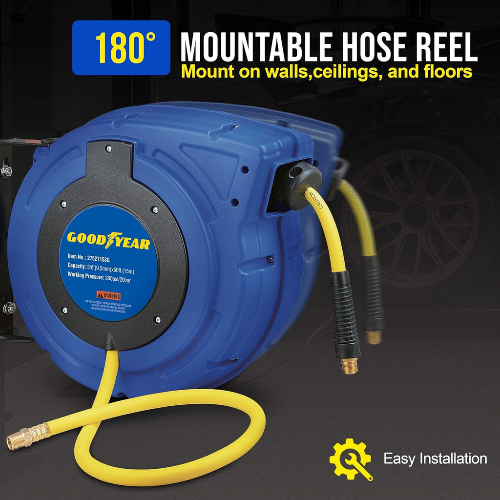 Retractable Air Hose Reel 3/8 Inch x 50 Foot Hybrid Polymer 300PSI R815