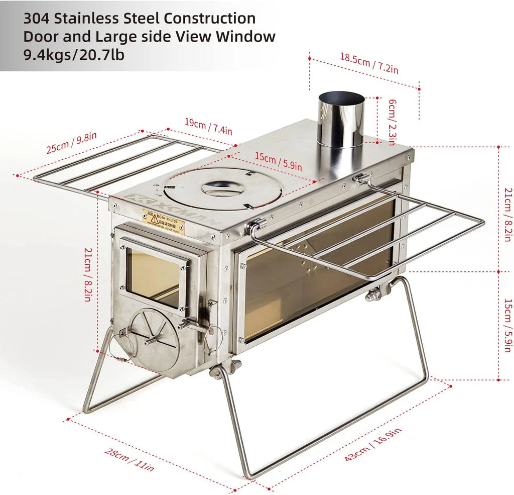 Camping Tent Wood Stove with 6 Section Chimney Pipes, Three-View Windows, Heavy Gauge 304 Stainless Steel W79573