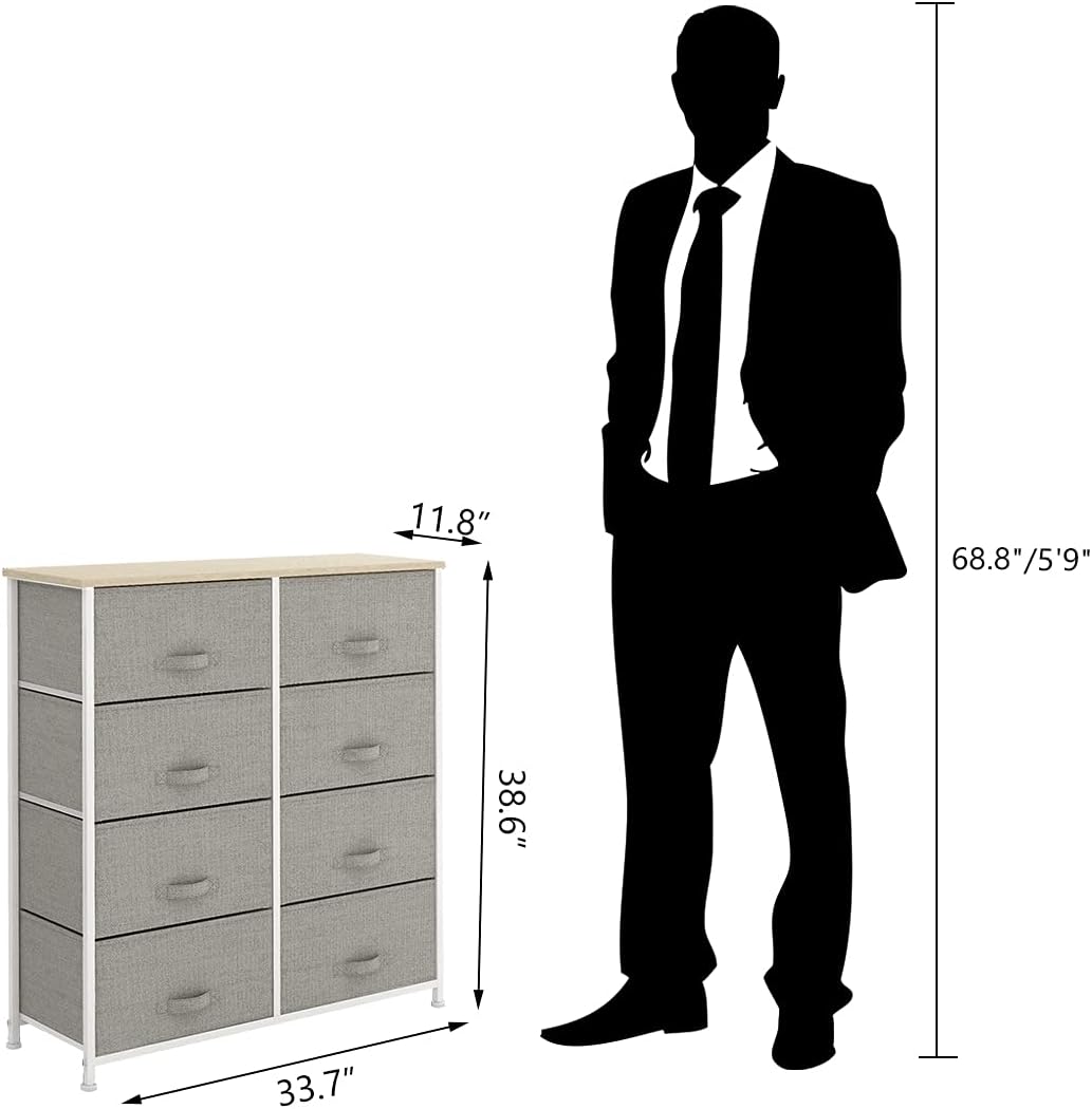 Light grey 8 Drawer Fabric Dresser with Steel Frame and Wooden Top D4183