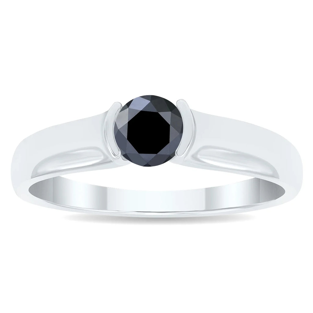 10K White Gold Half Bezel Black Diamond Solitaire Ring D66065