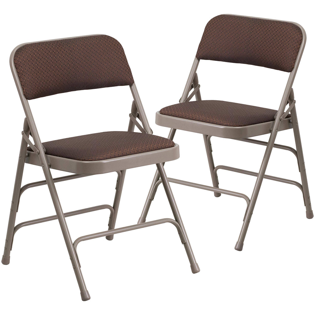 Curved Triple Braced Double Hinged Brown Patterned Fabric Metal Folding Chair C327