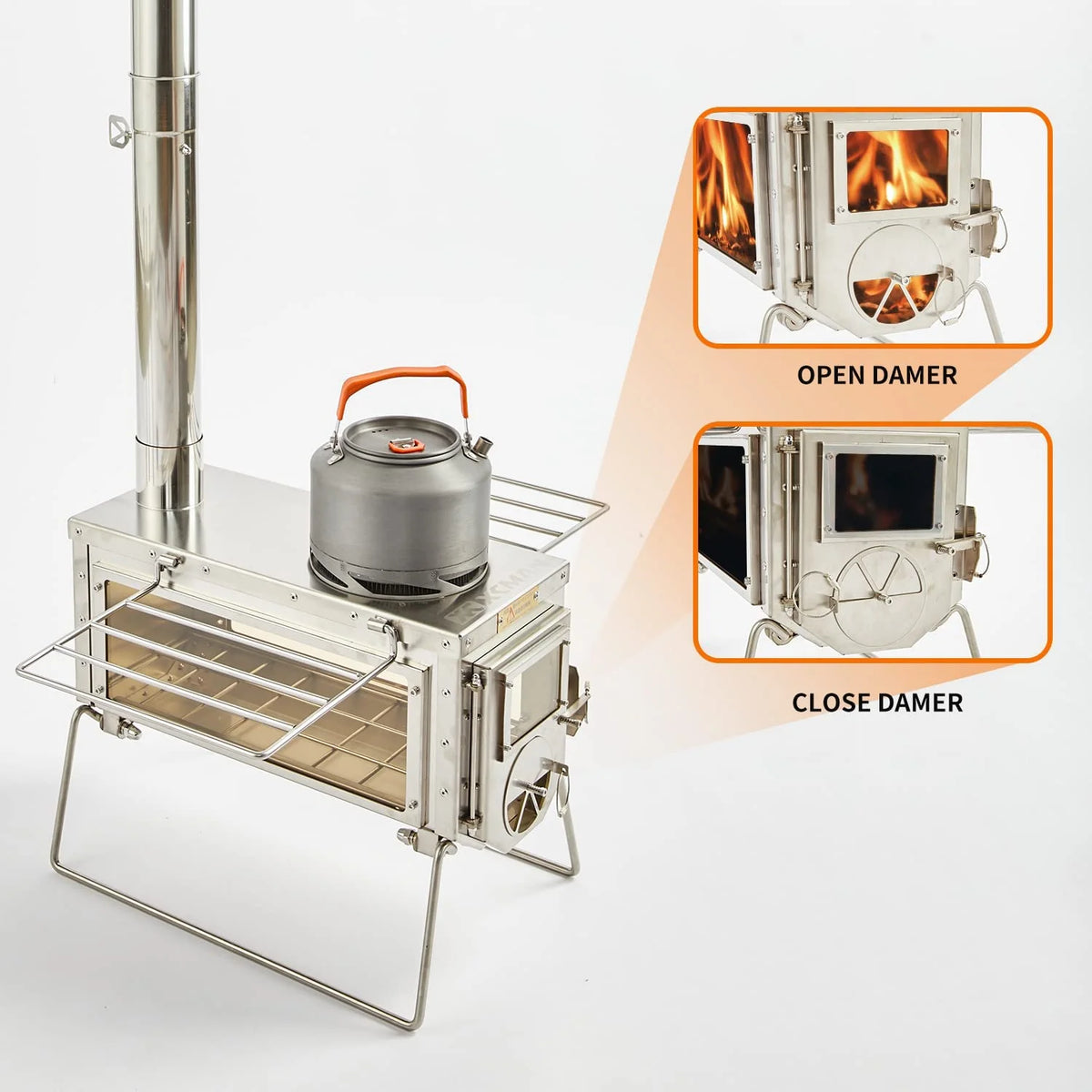 Camping Tent Wood Stove with 6 Section Chimney Pipes, Three-View Windows, Heavy Gauge 304 Stainless Steel W79573