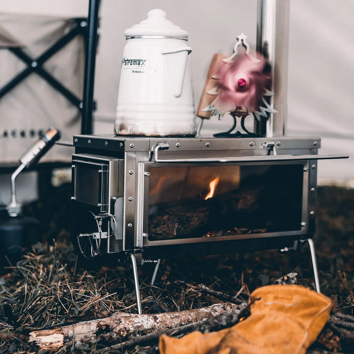 Camping Tent Wood Stove with 6 Section Chimney Pipes, Three-View Windows, Heavy Gauge 304 Stainless Steel W79573