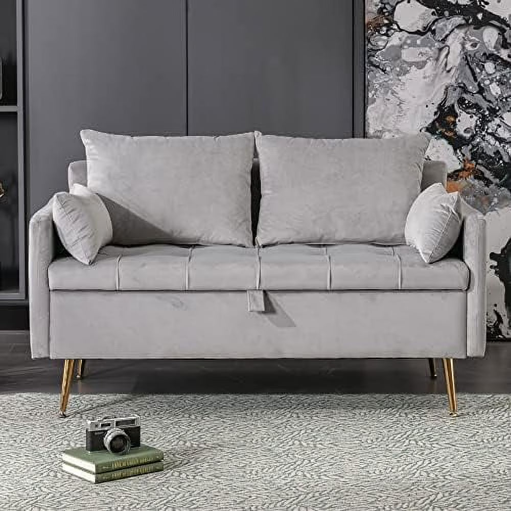 Grey Velvet Button Tufted Mini Loveseat T429794