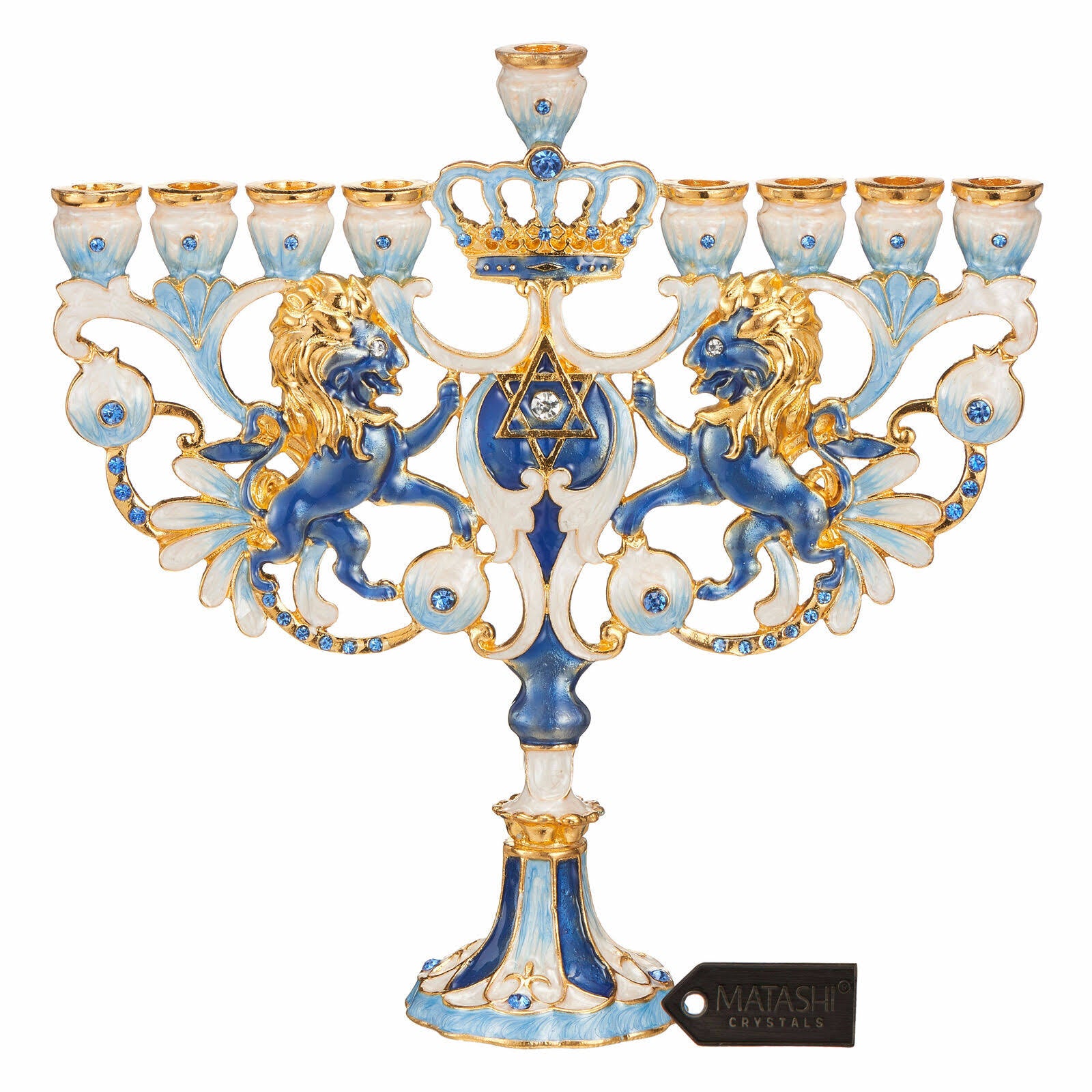 Hand Painted Blue & Ivory Lion Menorah Candelabra O915651