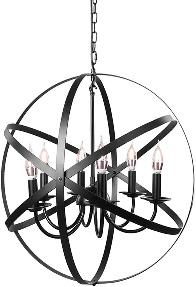 Black 6-Light Farmhouse Chandelier with Spherical Shade K667