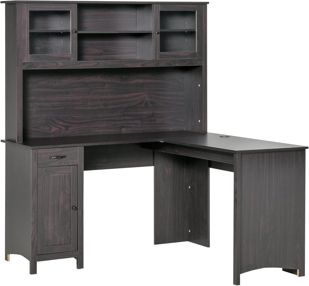 White L-Shaped Desk with Hutch and Drawers J9416