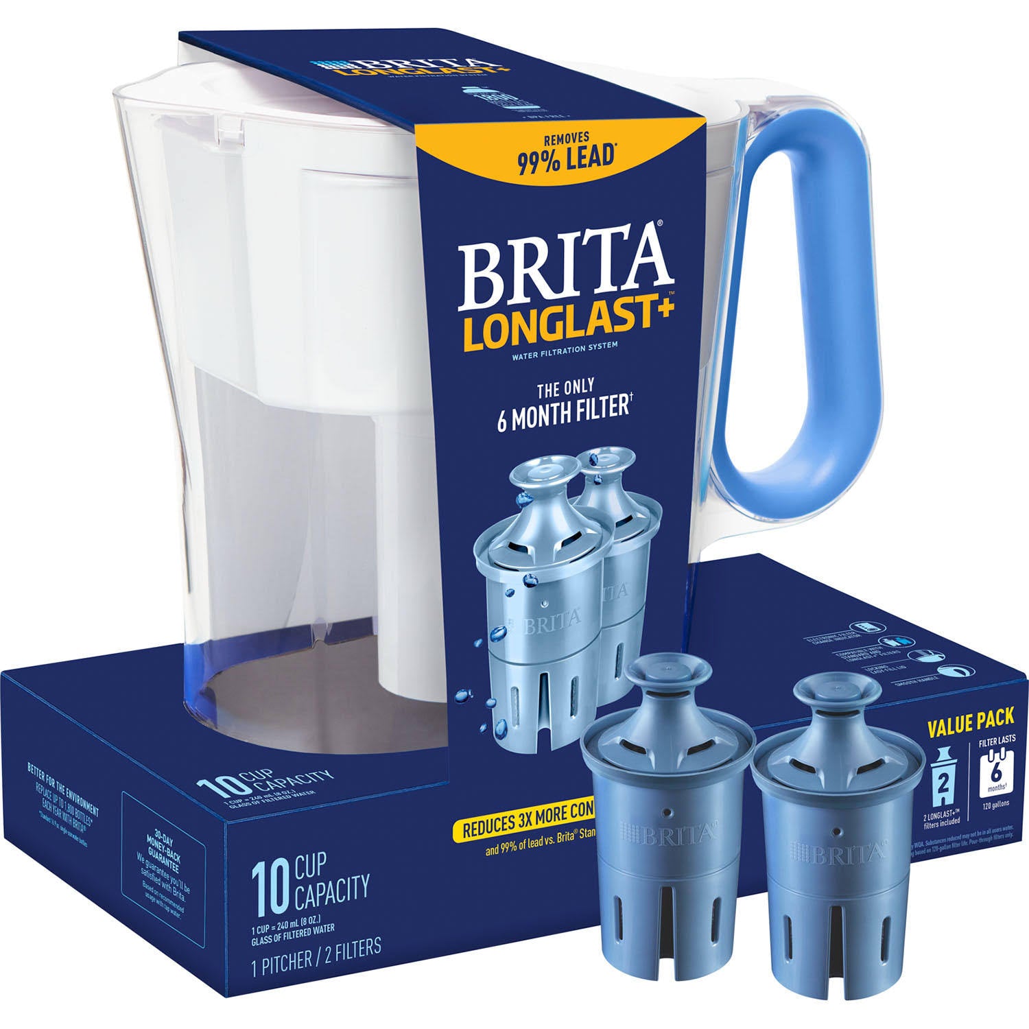 Large 10 Cup Water Filter Pitcher with 2 Longlast+ Filters F565