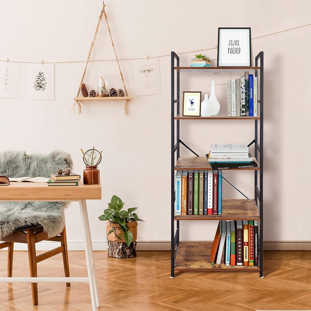 5 Tier Industrial Bookshelf, Wood and Metal, 24 x 12 x 62 J557