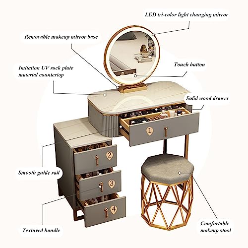 Vanity Set with Large Round Lighted Mirror, Glass Top, 4 Drawers and Cushioned Stool O509