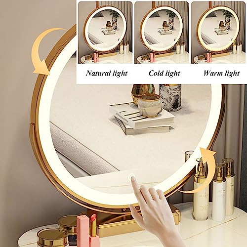 Vanity Set with Large Round Lighted Mirror, Glass Top, 4 Drawers and Cushioned Stool O509